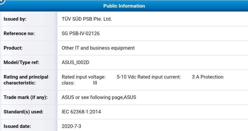 Asus ZenFone 7. Certyfikat, fragment specyfikacji
