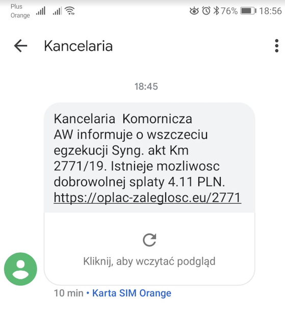 Oszuści udają Kancelarię Komorniczą, wysyłają fałszywe wiadomości SMS Oszuści udają Kancelarię Komorniczą, wysyłają fałszywe wiadomości SMS
