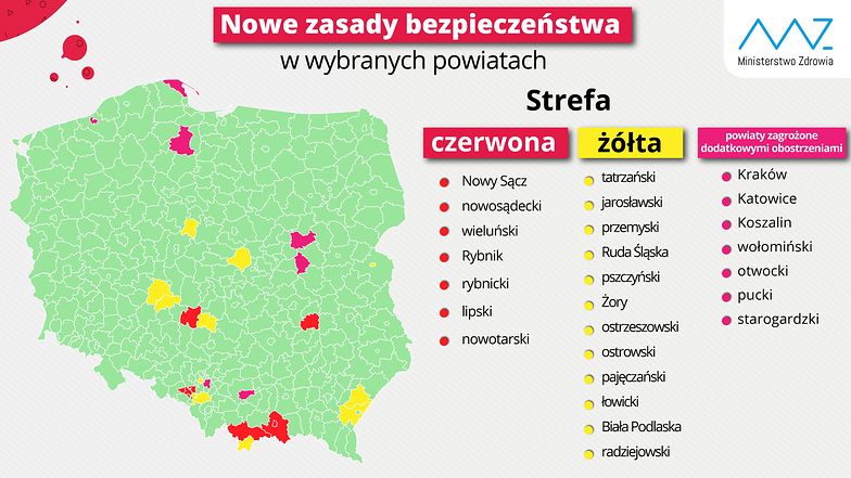 Ministerstwo Zdrowia opublikowao now list powiatw w tej i czerwonej strefie koronawirusa