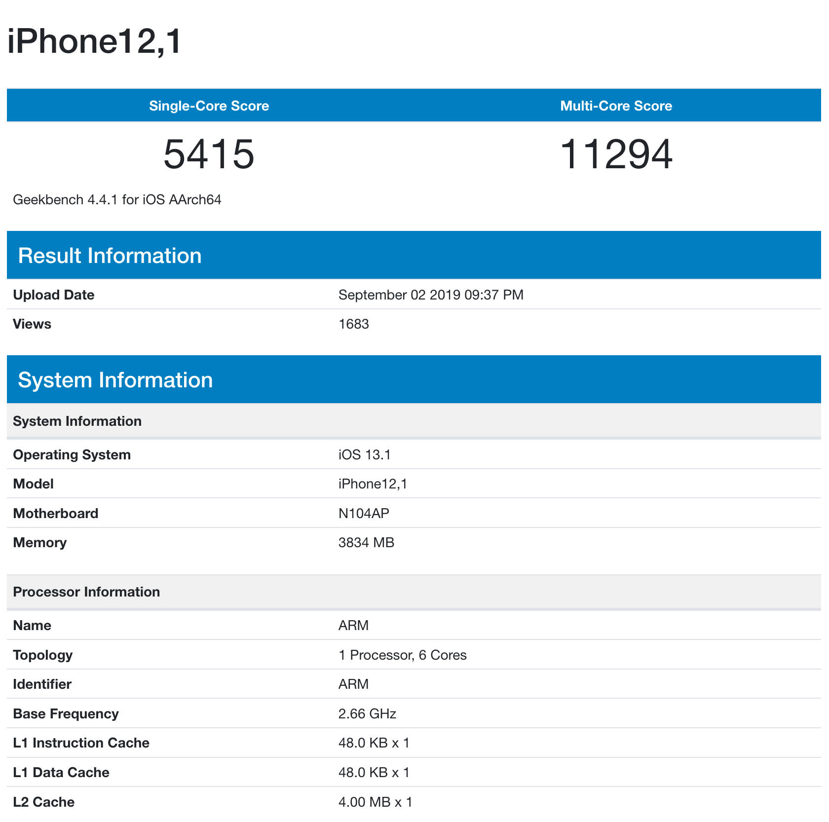 Fragmenty specyfikacji iPhone 11 w Geekbench