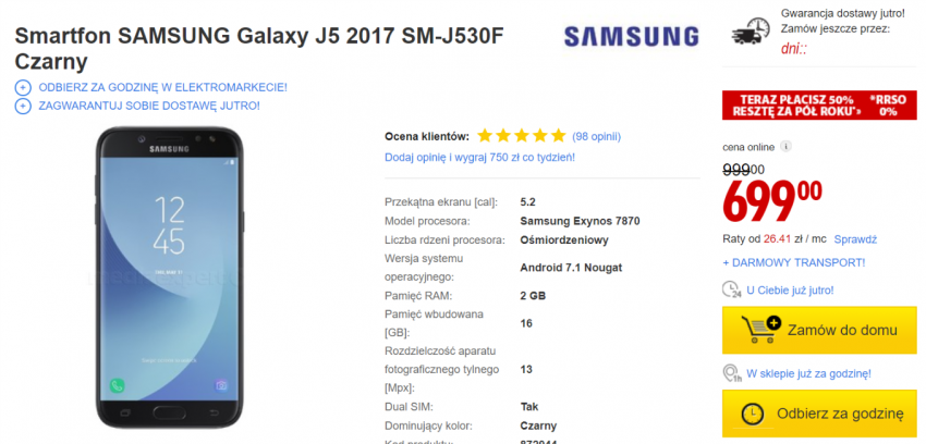 Samsung Galaxy J5 (2017) dostpny jest teraz za jedynie 699 pln