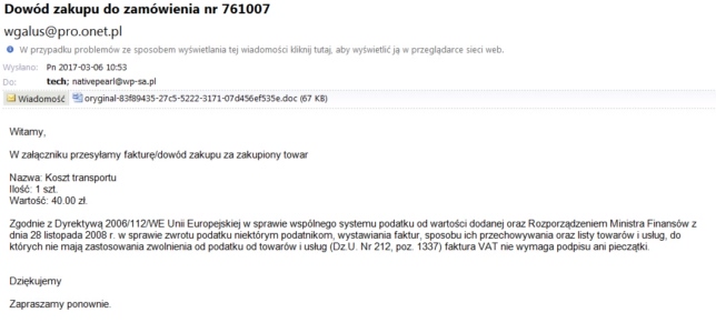 „Dow�d zakupu do zam�wienia nr 761007”. Kolejna pr�ba internetowego oszustwa
