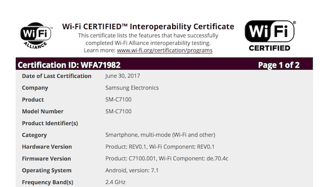 Samsung Galaxy C7 (2017) otrzyma wanie certyfikat WiFi