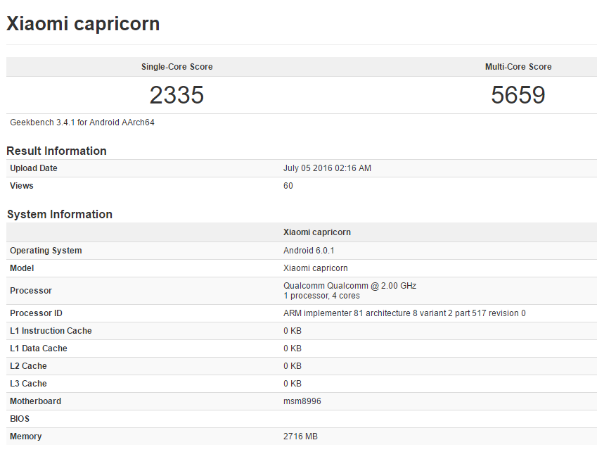 Xiaomi Capricorn na Geekbench